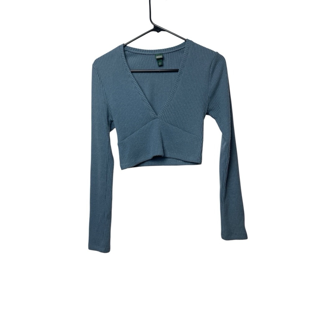 Wild Fable Ribbed Crop Top Womens S Blue V Neck Long Sleeve Velour